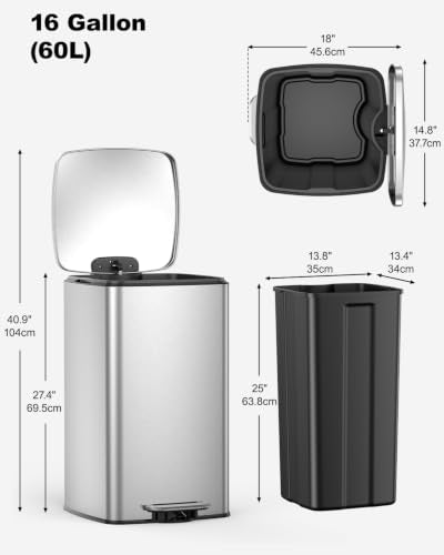 Lovewind 16 Gallon Stainless Steel Trash Can - Silver Kitchen Garbage Bin
