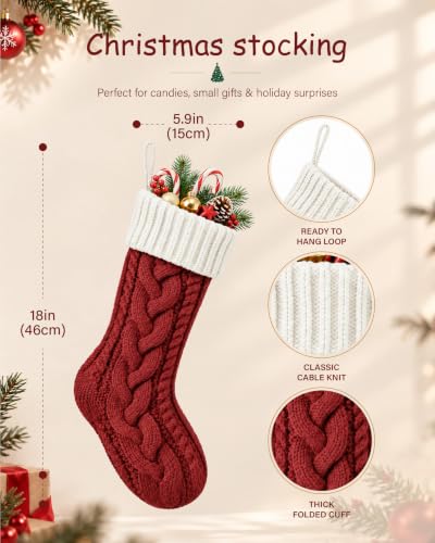 Christmas Stockings 3 Pack 18 Inch Cable Knit Holiday Decor - Red White