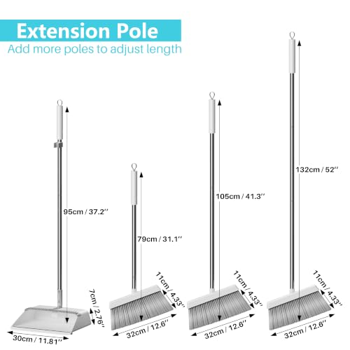 JOYMOOP White Broom and Dustpan Set with Built-in Comb Tooth - Foldable Upright Design, Angled Broom, Adjustable Extension Pole, Home & Commercial Cleaning (Variation A)
