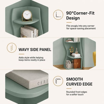 Small Wavy Corner Shelf - Modern 5-Tier Wall Corner Bookshelf in Sage Green