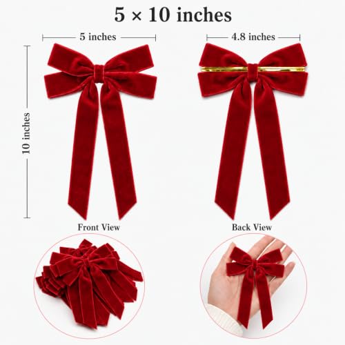 Velvet Christmas Tree Bows with Twist Ties - Red, 12 Pack, 5 x 10 Inches