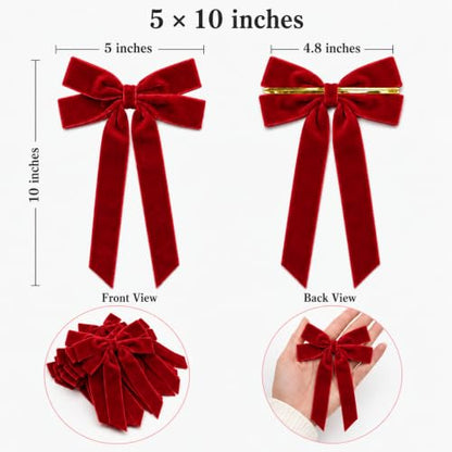 Velvet Christmas Tree Bows with Twist Ties - Red, 12 Pack, 5 x 10 Inches