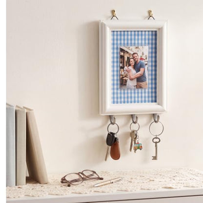 Stylish Farmhouse Rustic Key Holder Wall Decor with Photo Frame - Blue Gingham
