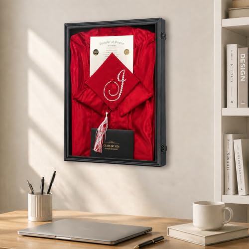 Graduation Shadow Box Frame with Lock - Small Black Wall Display, 17x23in
