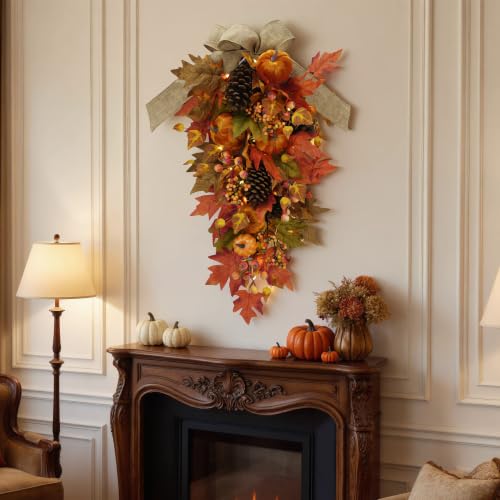 Pre-Lit Fall Teardrop Swag with Pumpkin & Maple Leaves - Autumn Decor