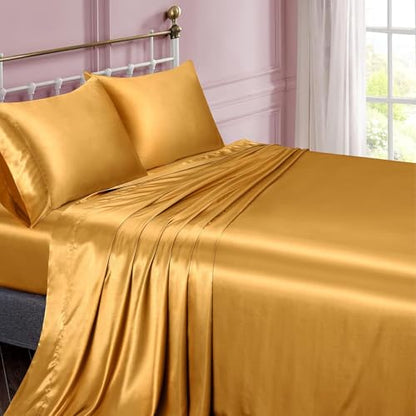 Mulberry Silk Queen Sheet Set - Gold 4-Piece Deep Pocket Bed Sheets