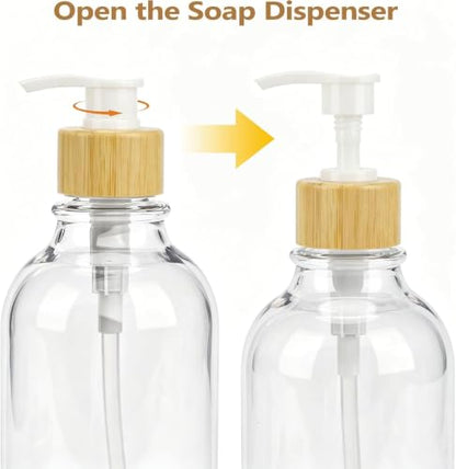 Bamboo Bathroom Accessories Set 4 Pieces with Soap Dispenser Toothbrush Holder and Qtip Container
