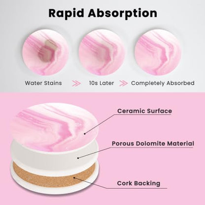 Pink Absorbent Ceramic Coasters Set of 4 with Gold Holder for Drinks