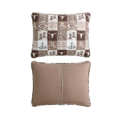 Queen Reversible Quilt Set with Matching Shams - Western Patch Design, Fall Brown