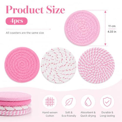 4 Pack Pink Pastel Fabric Coasters for Desk - Absorbent Drink Protectors
