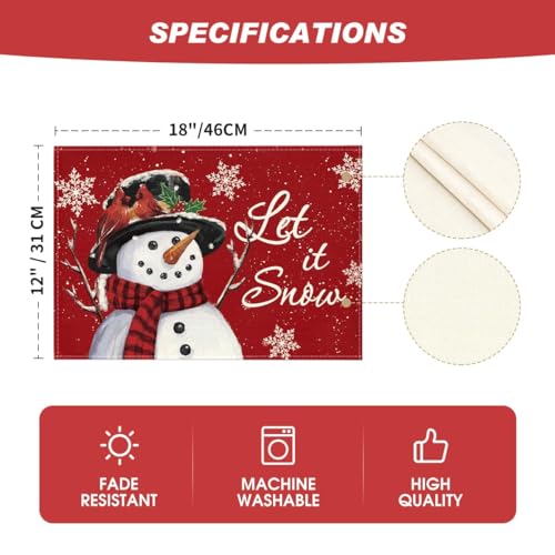 Red Snowman Placemats Set of 8 - 12x18 Inch Holiday Table Decor - Rectangular