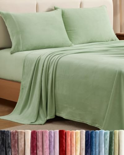 Queen Fleece Sheets Set - 4-Piece Flannel Bedding in Sage Green - Cozy & Deep Pocket