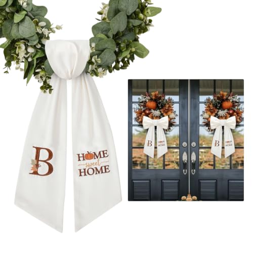Fall Wreath Sash for Front Door Monogrammed Pumpkin Ribbon Embroidery - B Variation