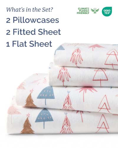 Christmas Flannel Bed Sheet Set - 100% Cotton, Split King, Trees Design