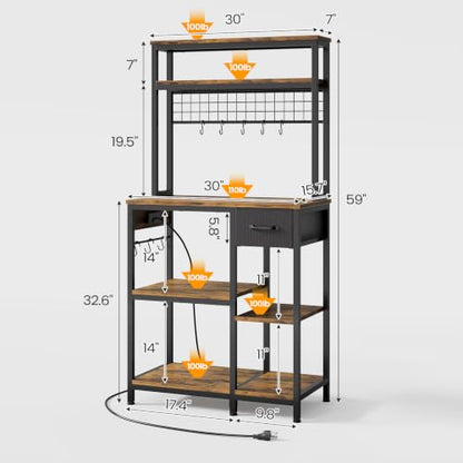 30 Inch Kitchen Bakers Rack with Power Outlet & LED Light - Rustic Brown, 6-Tier Microwave Stand with Drawer & Hooks