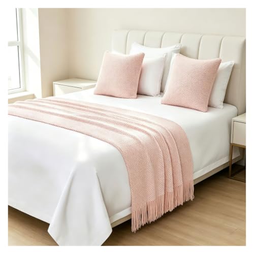 Knit Bed Runner with Tassels - Pink 60x260cm, Fits Twin/Queen/King