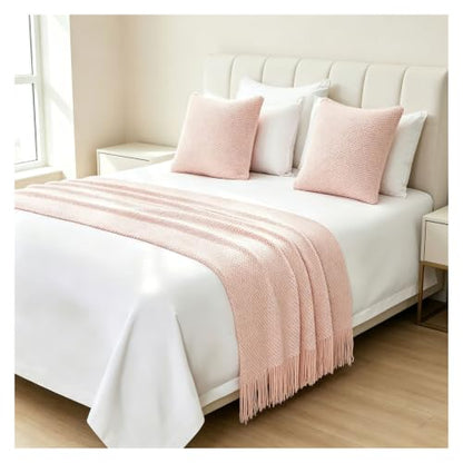 Knit Bed Runner with Tassels - Pink 60x260cm, Fits Twin/Queen/King
