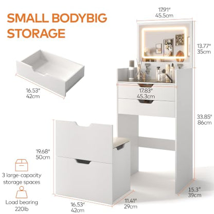 3-in-1 Vanity Desk with LED Flip Mirror, 17.9" W x 13.8" D x 33.9" H - White