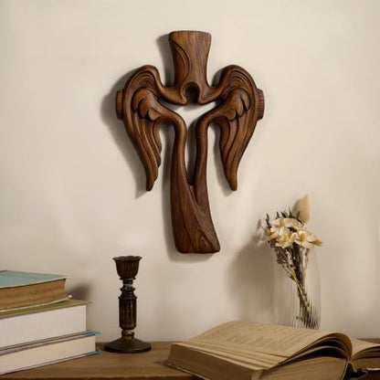 Retro Wooden Angel Cross Wall Decor - 13.8 Inch Handcrafted Jesus Crucifix