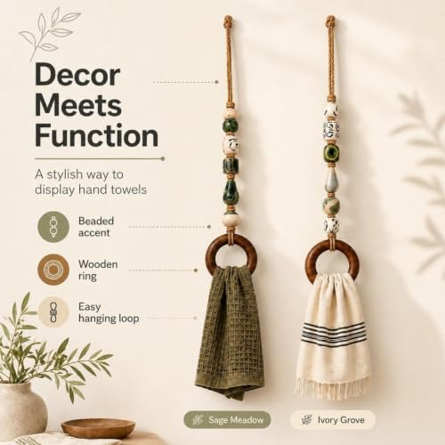 Green Beaded Towel Hanger with Wooden Ring - Boho Decor, 1pc