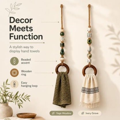 Green Beaded Towel Hanger with Wooden Ring - Boho Decor, 1pc