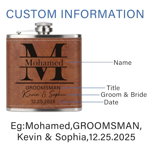 Personalized Groomsmen Flask - 6 Oz Custom Engraved Leather Wedding Gift Brown