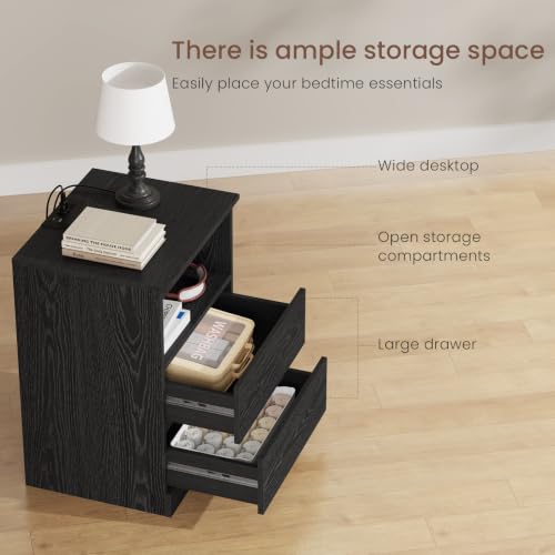 2-Pack Nightstands with Charging Station, LED Lights & 3 Drawers - Black