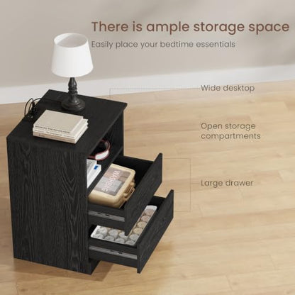 2-Pack Nightstands with Charging Station, LED Lights & 3 Drawers - Black