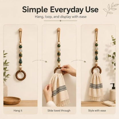 Green Beaded Towel Hanger with Wooden Ring - Boho Decor, 1pc