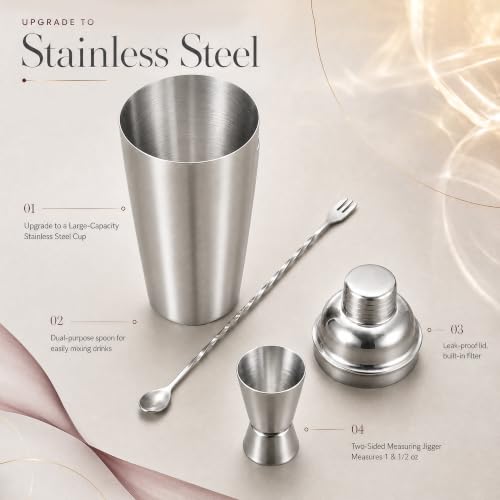 24 oz Stainless Steel Cocktail Shaker Set with Bar Tools & Guide