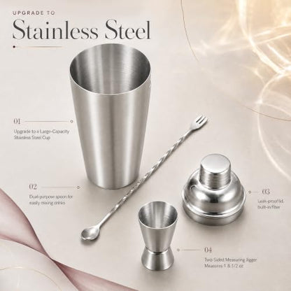 24 oz Stainless Steel Cocktail Shaker Set with Bar Tools & Guide