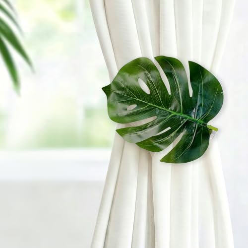 Farmhouse Leaf Curtain Tiebacks - Green Stainless Steel Clips with Artificial Leaf End - Pack of 2