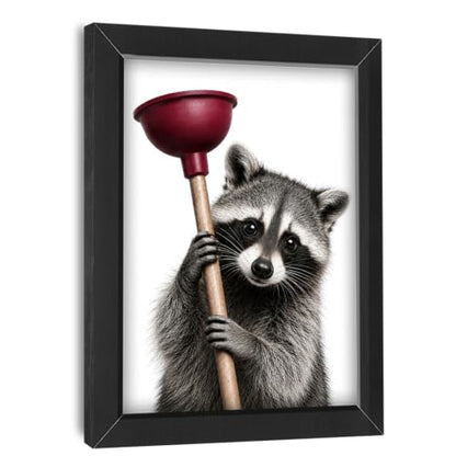 Bathroom Raccoon Wall Art Decor - 16x12 Inches Wooden Framed Canvas