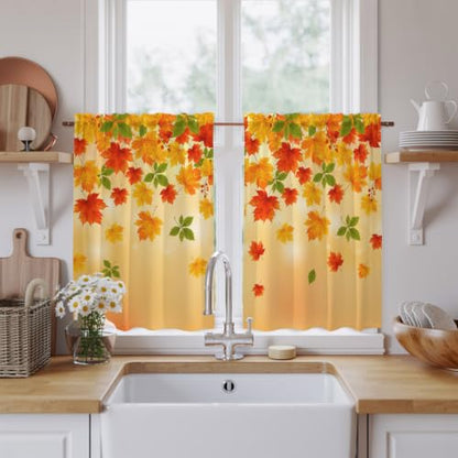 Yellow & Orange Fall Leaves Kitchen Tier Curtains 27.5 x 45 Inches - Pack of 2