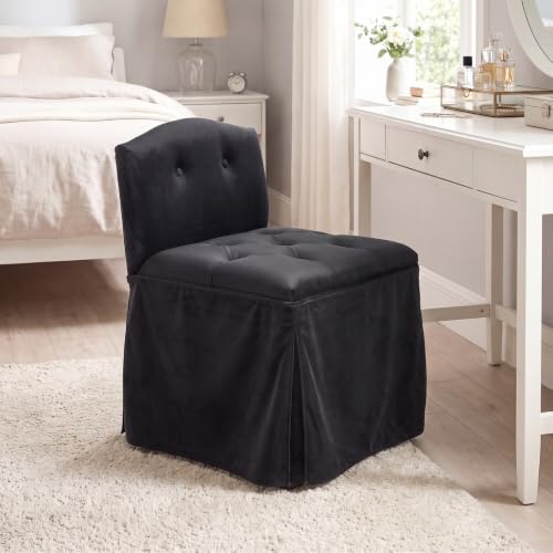 Black Velvet Makeup Vanity Chair with Back and Wheels - Swivel Seat