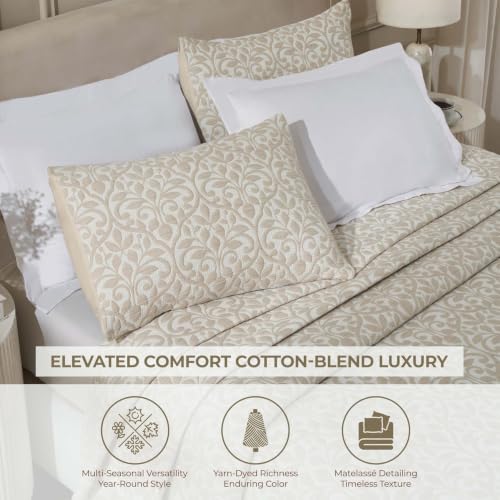 Queen Cotton Blend Coverlet - Decorative Bed Spread, Vineyard Collection, Beige