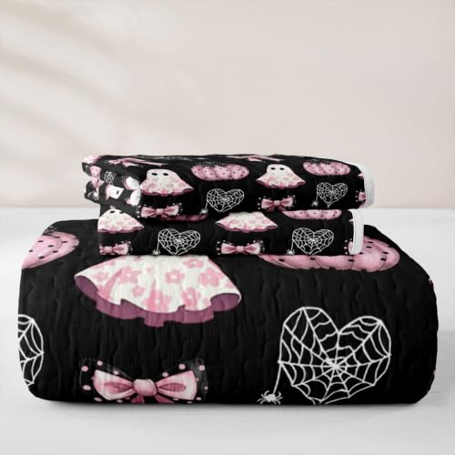 Happy Halloween Quilt Set with Ghost & Pumpkin Pattern – Black Pink Queen Size, 3 Pieces