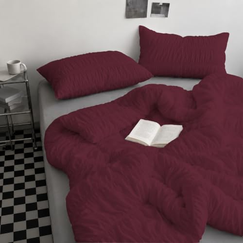 Queen Size Egyptian Cotton Duvet Cover Set with Zipper & Corner Ties - Wine - 3 Piece Ruched Bedding