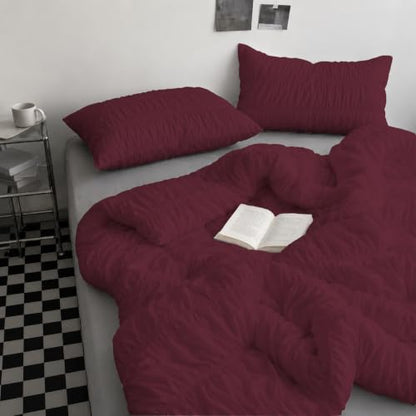 Queen Size Egyptian Cotton Duvet Cover Set with Zipper & Corner Ties - Wine - 3 Piece Ruched Bedding