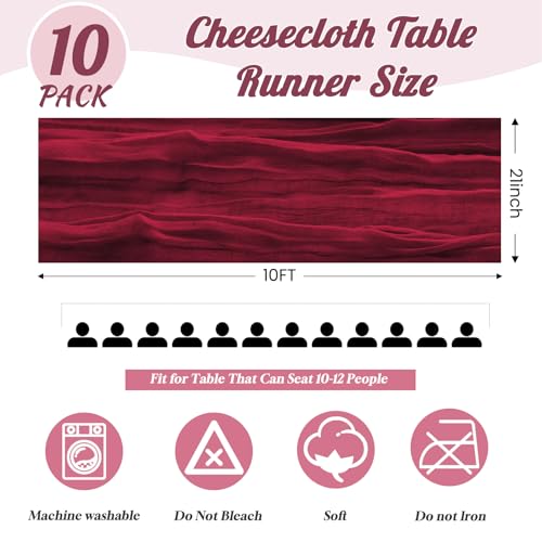 Burgundy Cheesecloth Table Runner 10 Pack - 10ft Sheer Rustic Decor