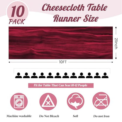 Burgundy Cheesecloth Table Runner 10 Pack - 10ft Sheer Rustic Decor