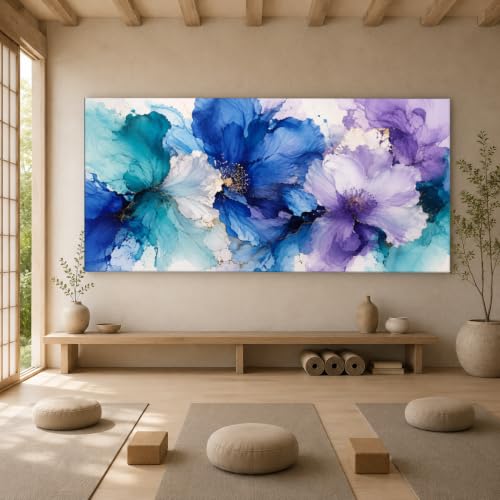 Aqua Indigo Bloom Floral Canvas Wall Art - 58x28 Inch Framed Botanical Decor