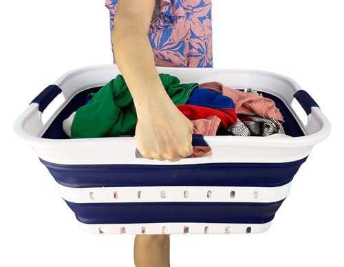 SAMMART 42L (11 gallon) Collapsible Plastic Laundry Basket - Foldable Pop Up Storage Container/Organizer - Space Saving Hamper/Basket (1, White/Quartz Pink)