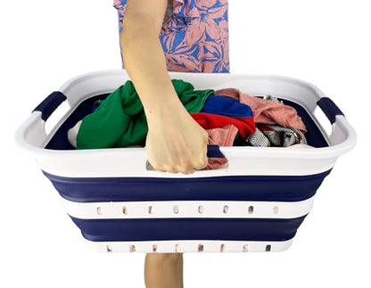 SAMMART 42L (11 gallon) Collapsible Plastic Laundry Basket - Foldable Pop Up Storage Container/Organizer - Space Saving Hamper/Basket (1, White/Quartz Pink)