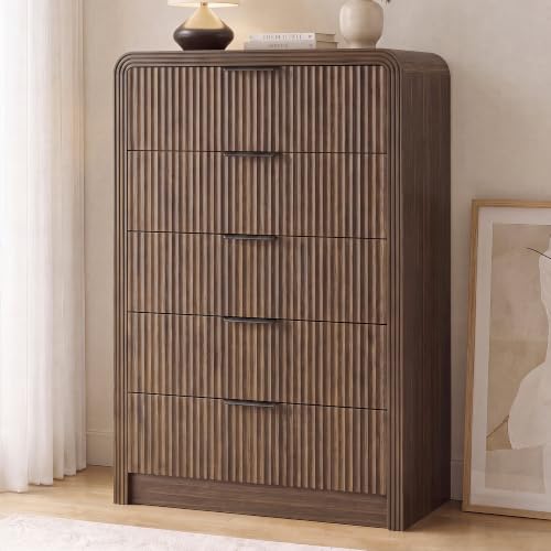 5-Drawer Fluted Wood Dresser - 48" Tall Modern Curved Chest Organizer
