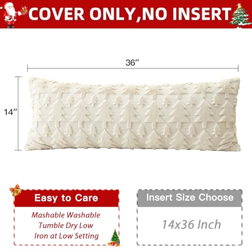 Christmas Throw Pillow Cover 14x36 Inch Faux Fur Wool Tree Design Cream Beige