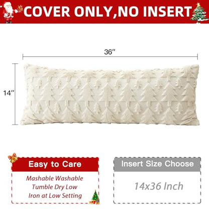 Christmas Throw Pillow Cover 14x36 Inch Faux Fur Wool Tree Design Cream Beige