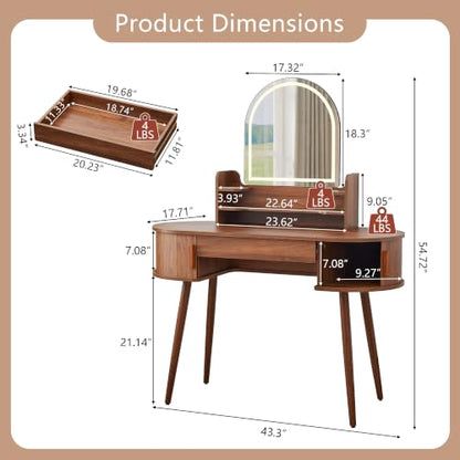43" Walnut Makeup Vanity Desk with LED Arched Mirror, Storage & Lights - 17.71"D x 43.3"W x 54.72"H