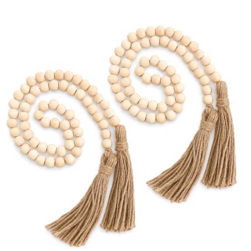 Farmhouse Wood Bead Garland with Tassels - Rustic Home Decor, 35 Inches