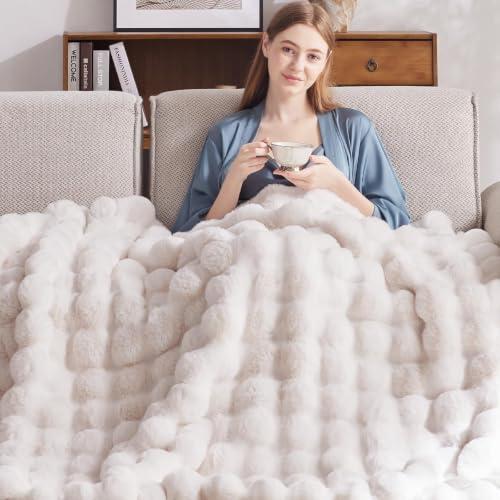 Electric Heated Blanket Throw with 6 Heat Levels and Auto-Off 50x60 White Faux Rabbit Fur